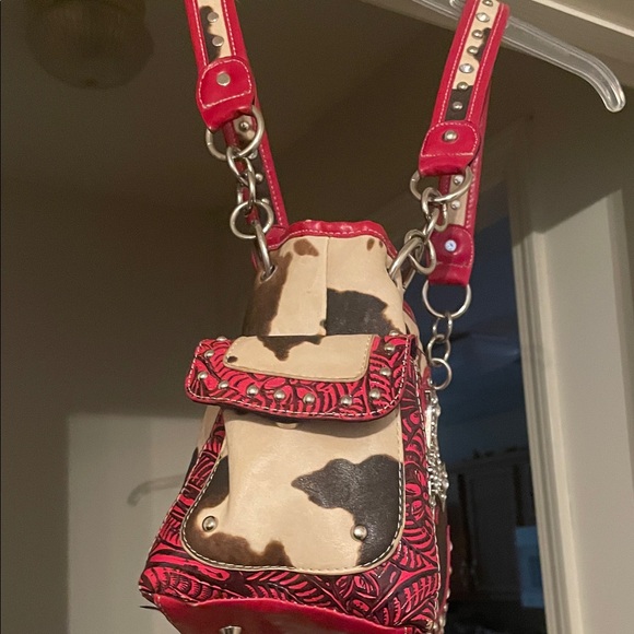 Studded Cross Design Red and Tan Women's Bag - Picture 2 of 9